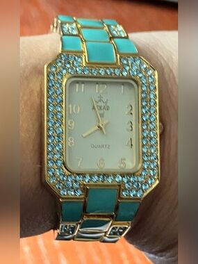 NEW AKKAD Turquoise Crystal Gold-Tone Women's Quartz Watch 16” when clasp closed
